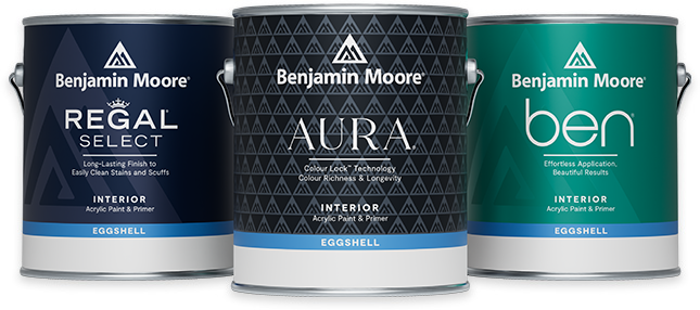 Gallons of Benjamin Moore® Regal® Select, Aura®, and Ben® Interior paint.